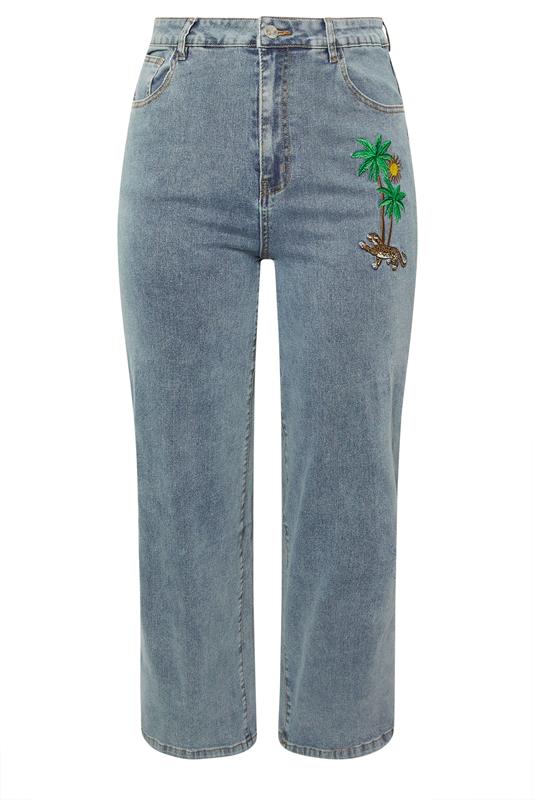 LIMITED COLLECTION Plus Size Blue Denim Palm Tree Embroidered Jeans | Yours Clothing 5