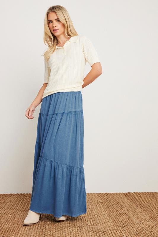 PixieGirl Petite Women's Blue Asymmetric Tiered Maxi Skirt | PixieGirl 1
