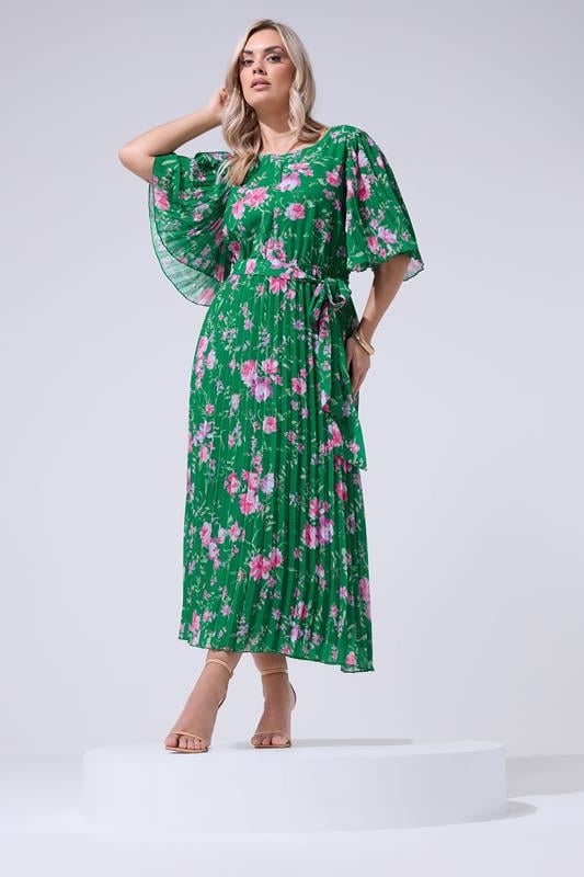 YOURS LONDON Curve Green Floral Pleated Maxi Dress