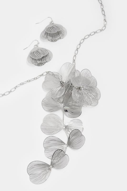 Silver Tone Long Flower Necklace & Earrings Set | Yours Clothing 2