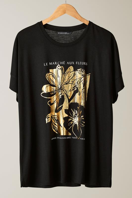 EVANS Plus Size Black Metallic Floral Print Modal Rich T-Shirt | Evans 7