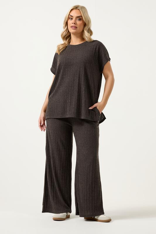 YOURS Plus Size Chocolate Brown Knitted Wide Leg Trousers | Yours Clothing 1