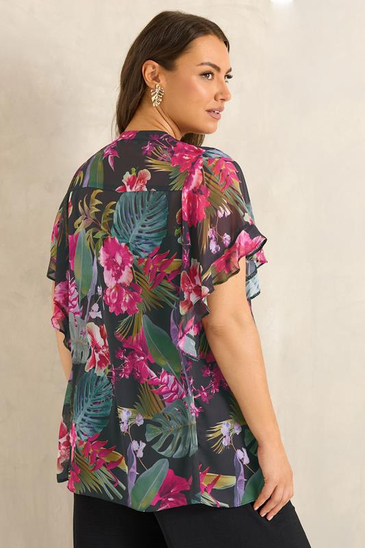 EVANS Curve Black Tropical Frill Sleeve Blouse | Evans 2
