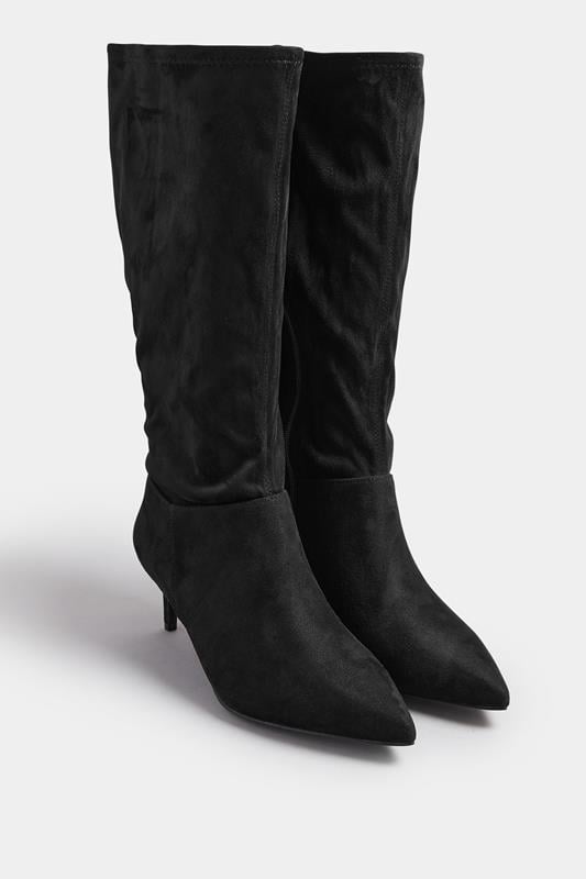 Black Pointed Toe Kitten Heel Boots In Extra Wide EEE Fit