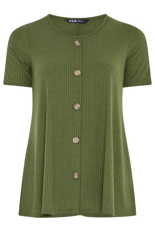 YOURS Plus Size Khaki Green Button Front Ribbed Swing Top | Yours Clothing 5