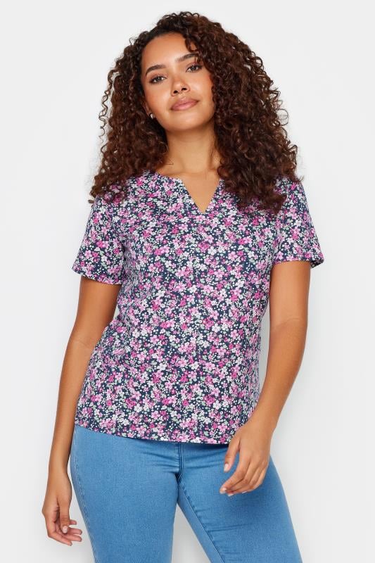 Women's  M&Co Pink Ditsy Floral Print Notch Neck Cotton T-Shirt
