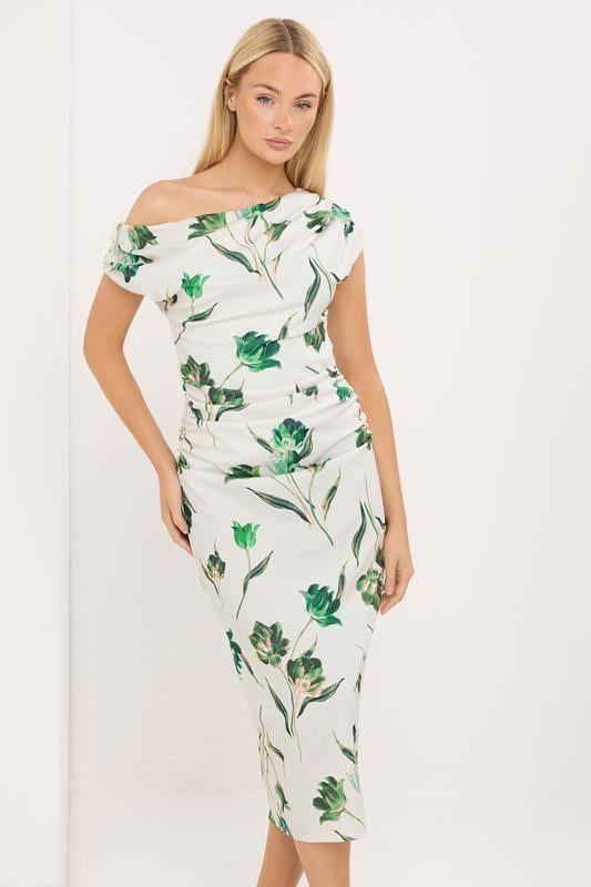 STAR White Floral Draped Midi Dress