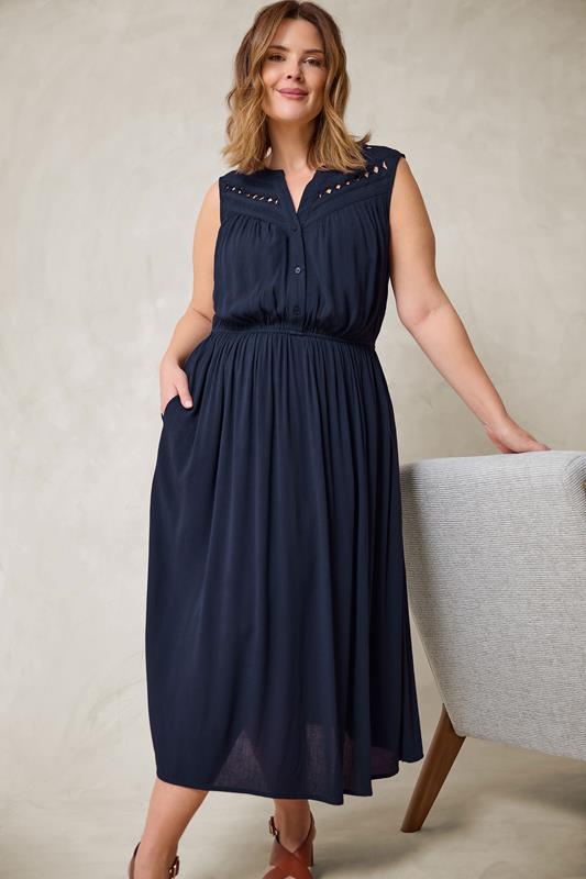 EVANS Plus Size Navy Blue Sleeveless Macrame Midi Dress | Evans 1