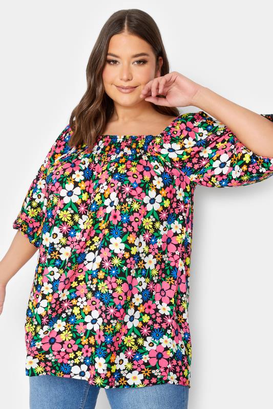 YOURS Plus Size Blue & Pink Floral Shirred Neck Top | Yours Clothing 1