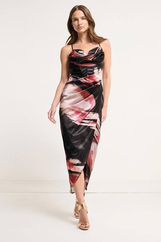 STAR Black Abstract Satin Corset Cowl Wrap Dress | StarByJM 1