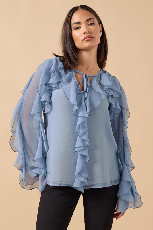 PixieGirl Petite Women's Blue Chiffon Frill Cotton Blouse | PixieGirl 1