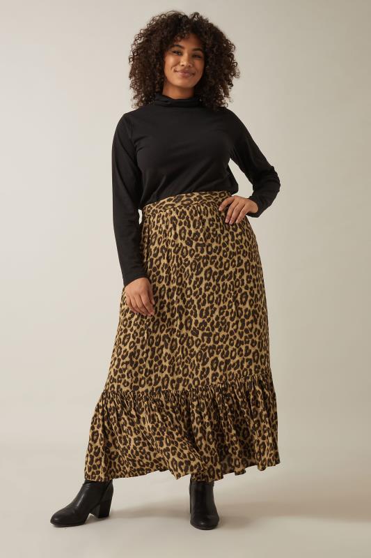 EVANS Plus Size Brown Leopard Print Maxi Skirt | Evans 1