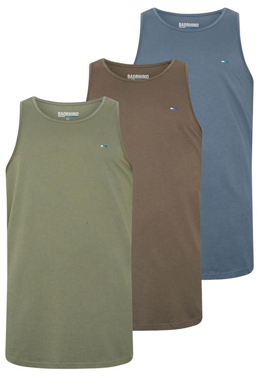 BadRhino Big & Tall 3 Pack Blue/Green/Brown Extra Long Plain Vest Top | BadRhino 7