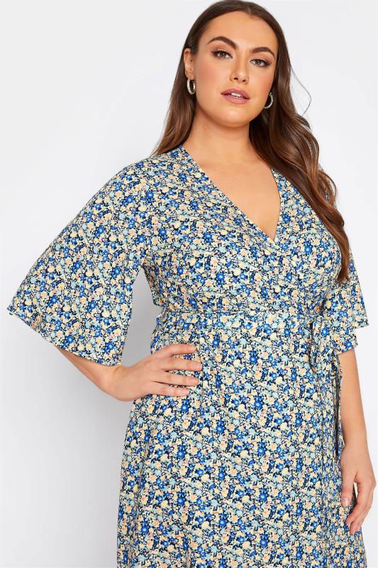 YOURS LONDON Plus Size Blue Ditsy Floral Wrap Dress | Yours Clothing 4