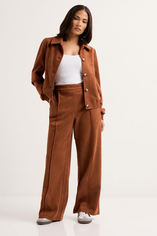 PixieGirl Petite Women's Tan Brown Suedette Wide Leg Trousers | Pixie Girl 1
