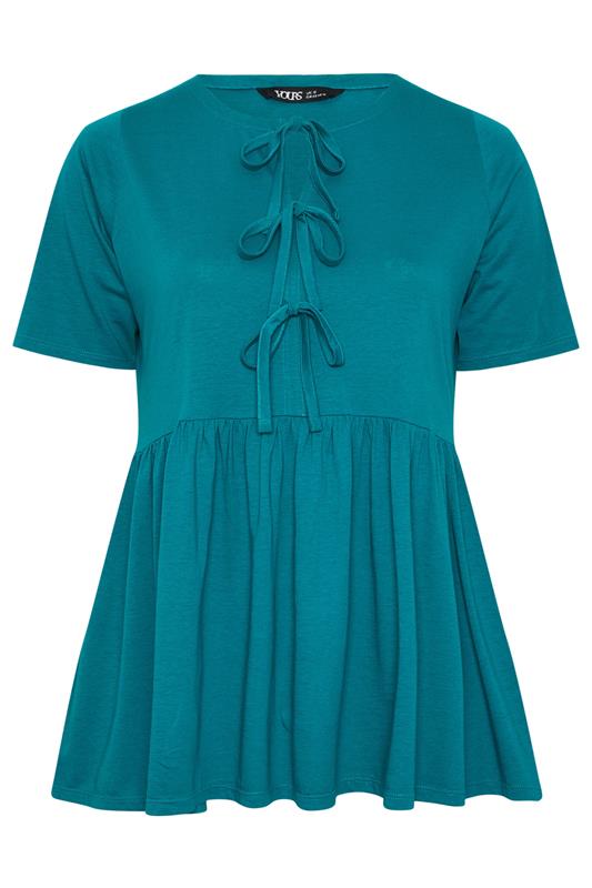 YOURS Plus Size Teal Blue Bow Tie Front Peplum Top | Yours Clothing 5