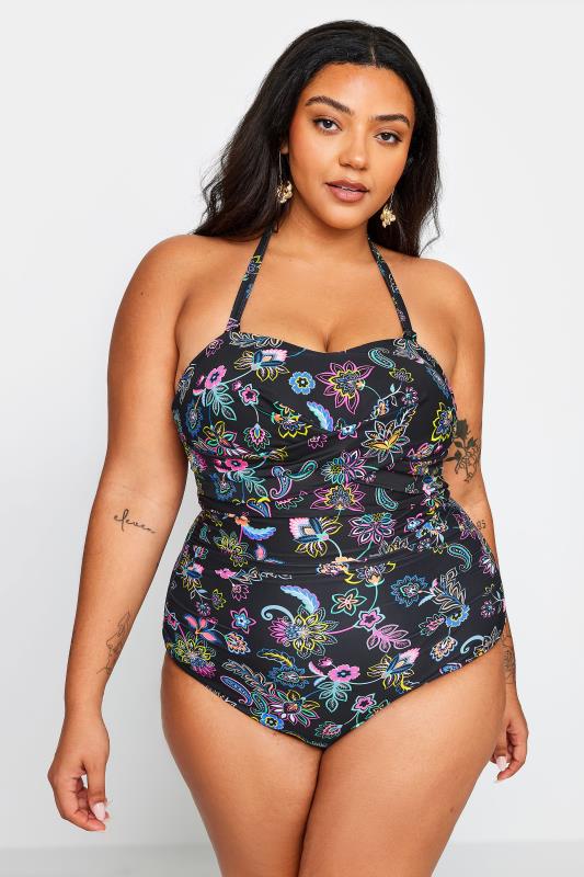 YOURS Plus Size Black Floral Paisley Print Tummy Control Swimsuit | Yours Clothing 4