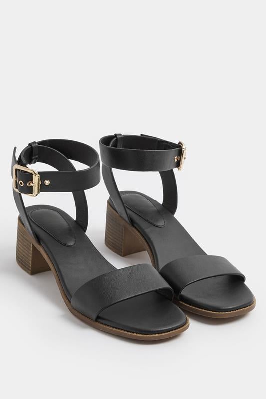  Yours Black Faux Leather Block Heel Sandals In Wide E Fit