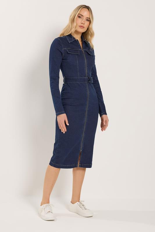 LTS Tall Women's Dark Blue Zip Through Denim Midi Dress | Long Tall Sally 1