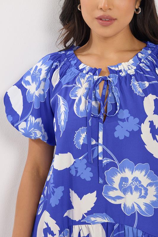 PixieGirl Petite Women's Blue Floral Tie Neck Midi Dress | PixieGirl 5