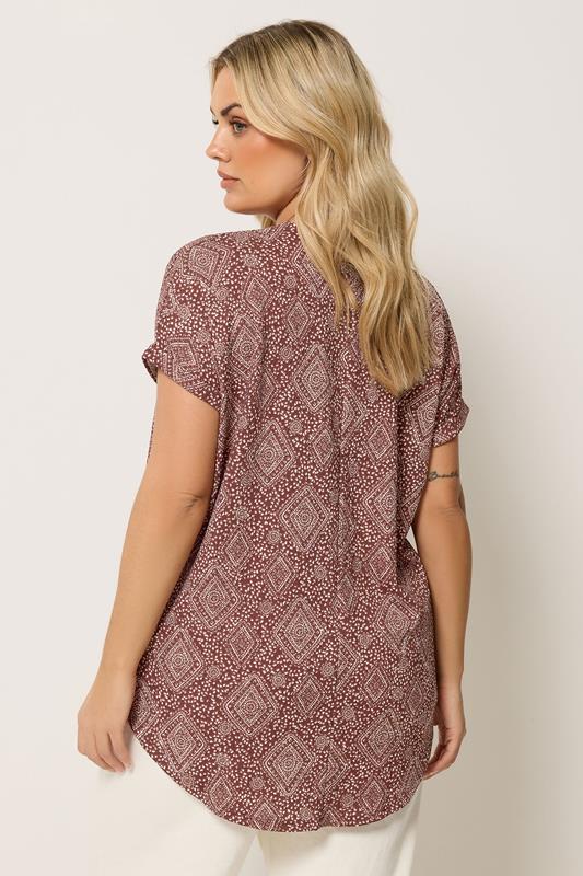 YOURS Plus Size Burnt Orange Diamond Print Notch Neck Top | Yours Clothing 2
