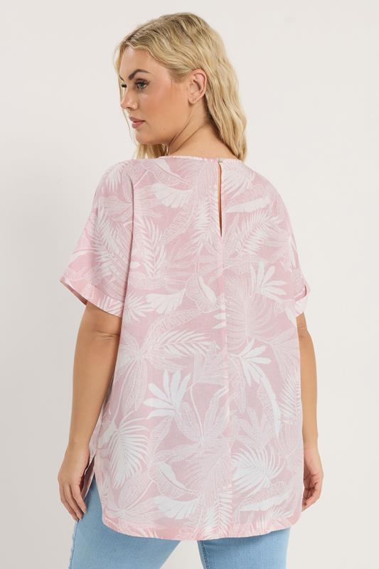 YOURS Plus Size Pink Palm Leaf Linen Boxy T-Shirt | Yours Clothing 4