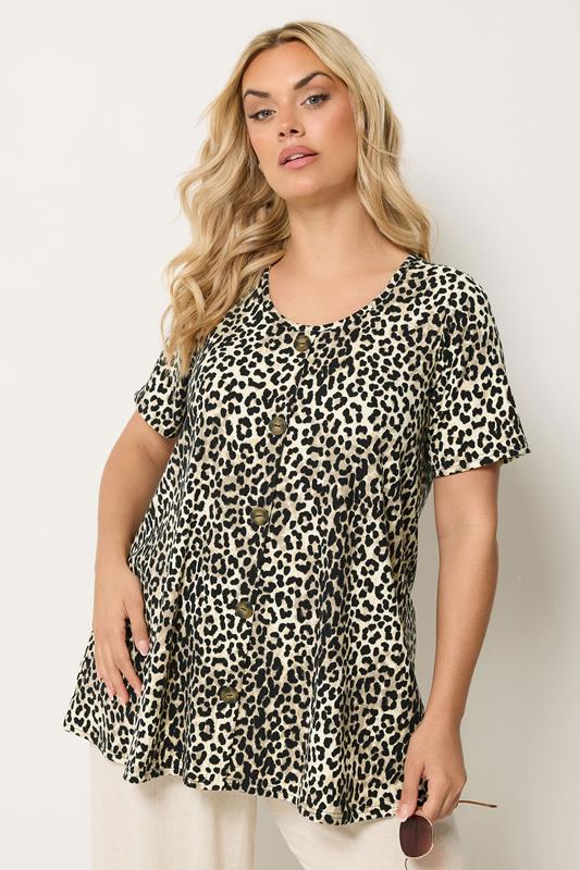 YOURS Curve Brown Leopard Print Ribbed Swing T-Shirt