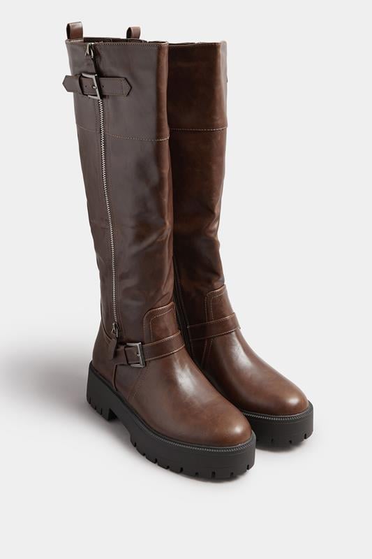 Brown Faux Leather Buckle Chunky Knee High Boots In Standard Fit