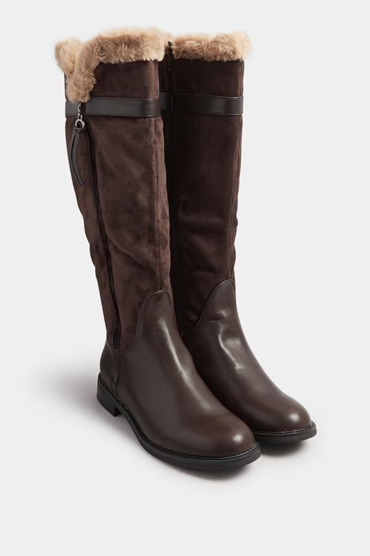  Yours Chocolate Brown Faux Suede Lined Knee High Boots In Standard Fit
