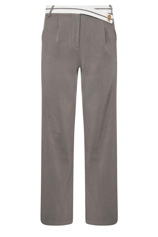 PixieGirl Petite Women's Grey Cross Over Contrast Waistband Trousers | PixieGirl 6