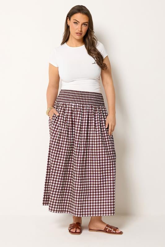 YOURS Plus Size Burgundy Red Gingham Maxi Skirt | Yours Clothing 1