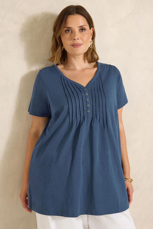 EVANS Plus Size Navy Blue Short Sleeve Cotton Henley Top | Evans 1