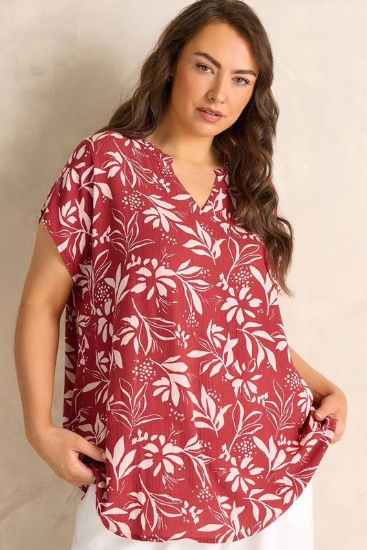 EVANS Plus Size Orange Leaf Print Notch Neck Blouse | Evans 1