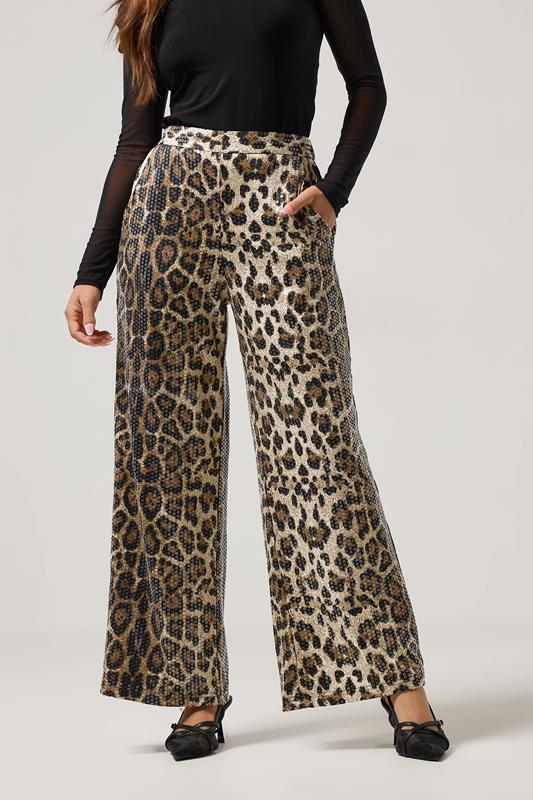 PixieGirl Petite Women's Brown Animal Sequin Wide Leg Trousers | PixieGirl 2