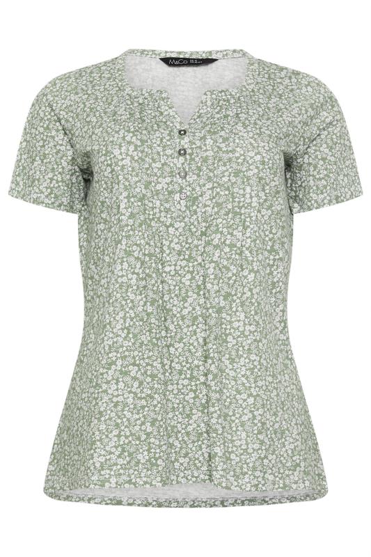 M&Co Green Floral Print Cotton Short Sleeve Henley Top | M&Co 5