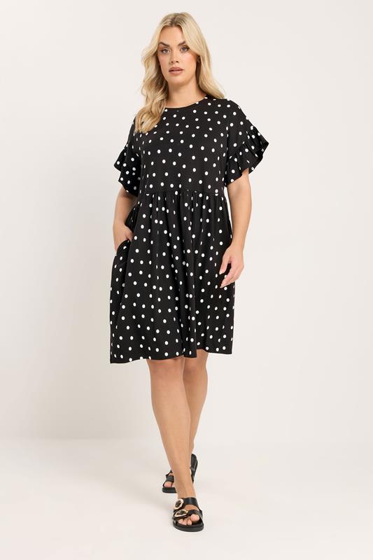 YOURS Curve Black Polka Dot Frill Sleeve Tunic Dress