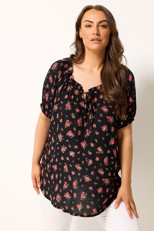 YOURS Plus Size Black Ditsy Floral Bardot Top | Yours Clothing 1