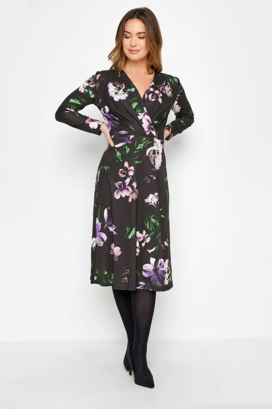 Women's  M&Co Petite Black Floral Print Wrap Dress
