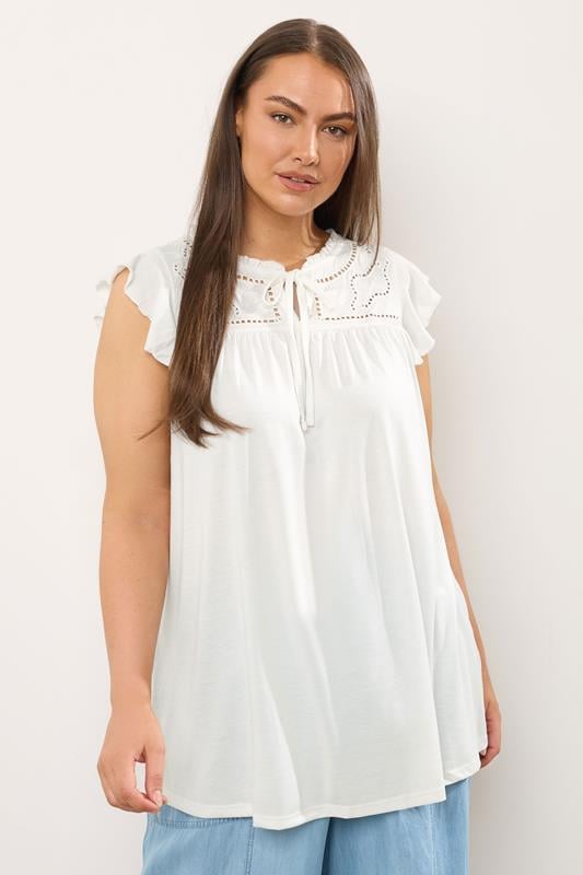 EVANS Curve White Cutwork Tie Neck Modal Blouse