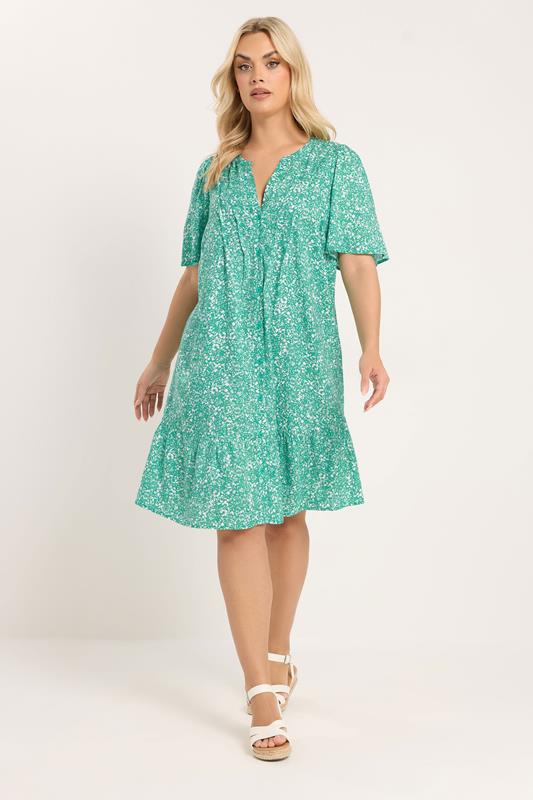 YOURS Plus Size Green Ditsy Floral Smock Dress | Yours Clothing 1