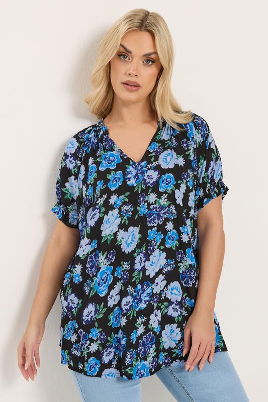 YOURS Curve Black & Blue Floral Notch Neck Blouse