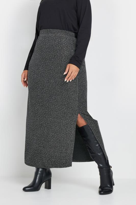 YOURS Plus Size Silver Metallic Side Split Midi Skirt | Yours Clothing 1