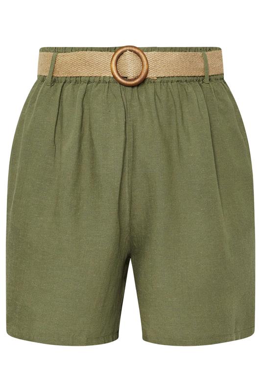 YOURS Plus Size Khaki Green Belted Linen Shorts | Yours Clothing 5