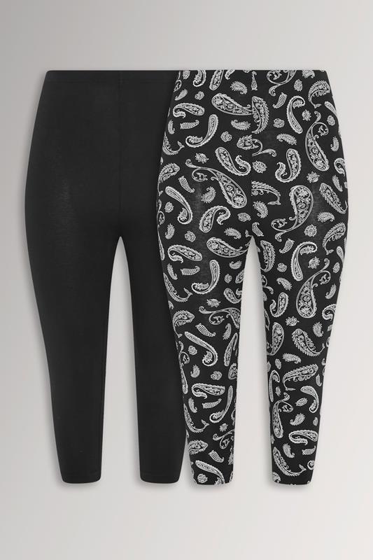 YOURS 2 PACK Plus Size Black Paisley Print Cropped Leggings | Yours Clothing 1