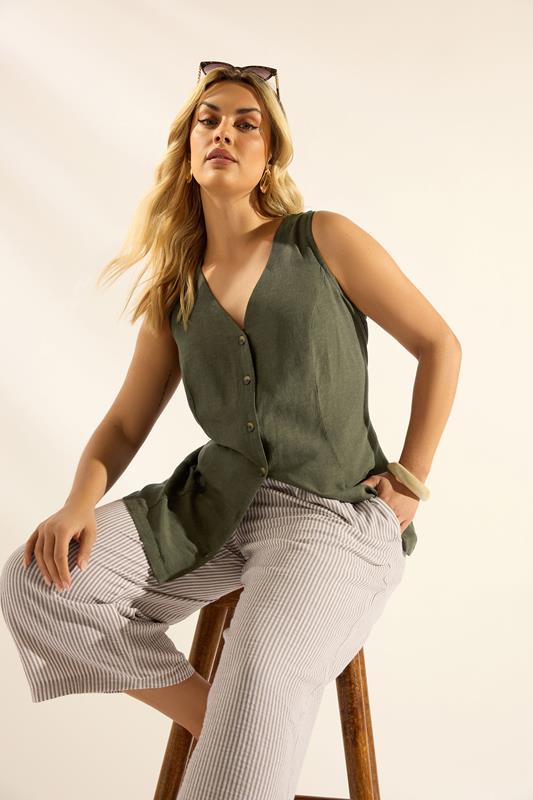 YOURS Curve Khaki Green Linen Waistcoat