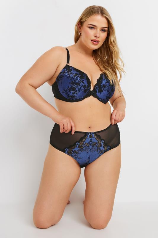 YOURS Plus Size Black & Blue Lace Detail Briefs | Yours Clothing  1