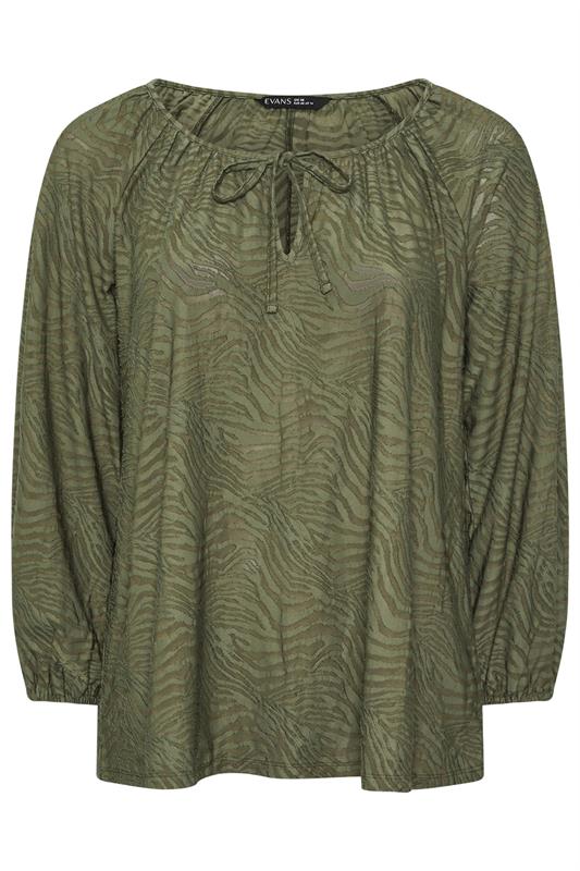 EVANS Plus Size Khaki Green Zebra Burnout Blouse | Evans 5