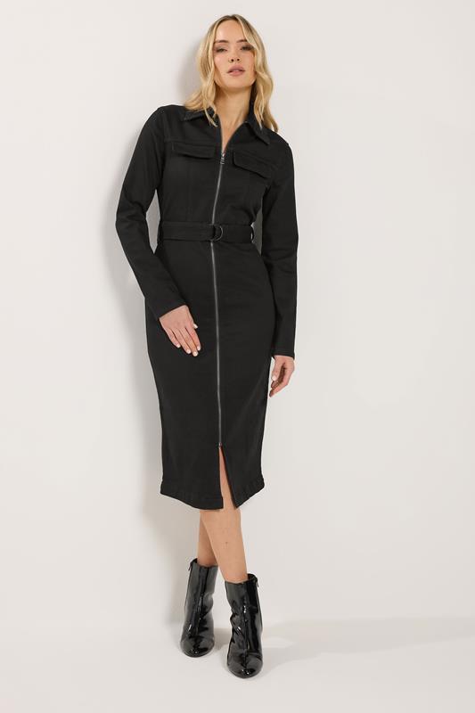 LTS Tall Women's Black Zip Through Denim Midi Dress | Long Tall Sally 1