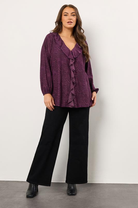 EVANS Plus Size Purple Zebra Burnout Frill Detail Blouse | Evans 1