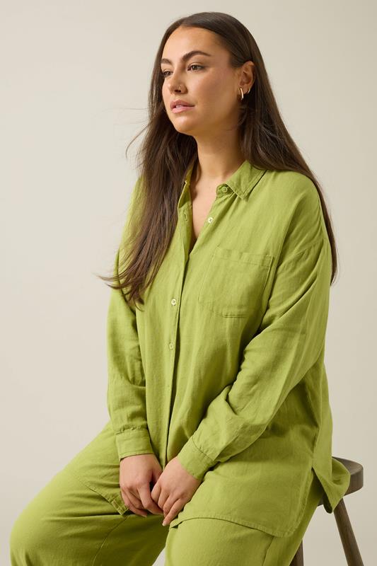 EVANS Plus Size Chartreuse Green Long Sleeve Premium Linen Shirt | Evans 4
